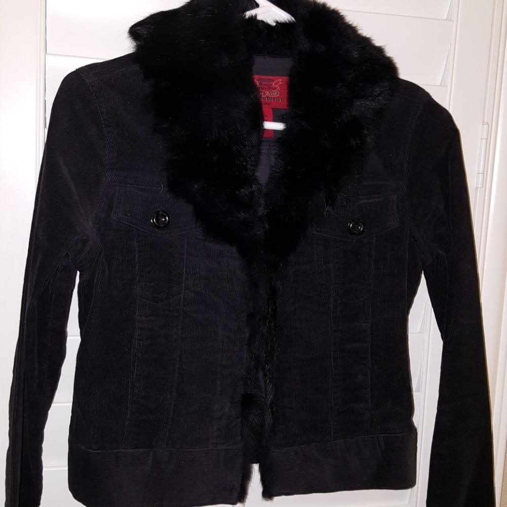 Black corduroy jacket with black fur collar